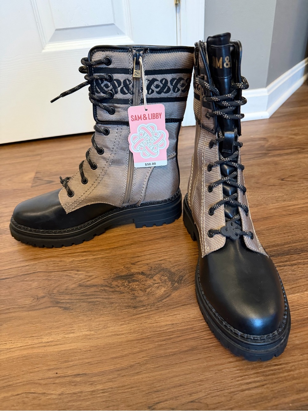 NWT. Sam & Libby Black and Beige Lace-Up Combat Boots